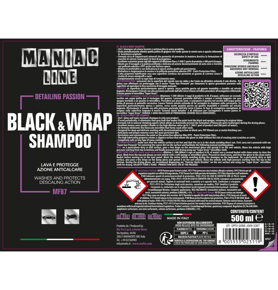 Black & Wrap Shampoo 500ml Maniac Line| rinnova plastiche auto 2in1 lava e protegge