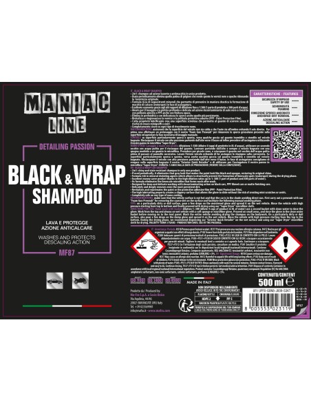 Black & Wrap Shampoo 500ml Maniac Line| rinnova plastiche auto 2in1 lava e protegge