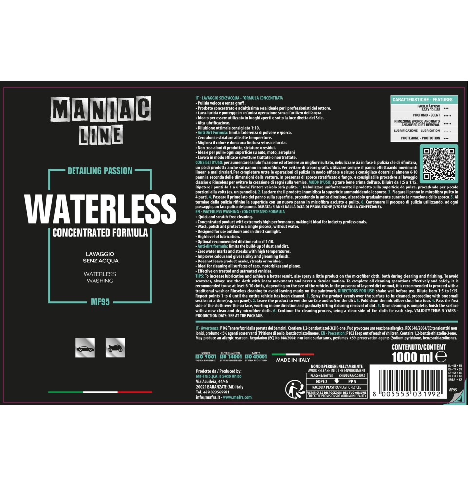 Waterless 1000ml Maniac Line| Lavaggio auto a secco | Mafra Shop
