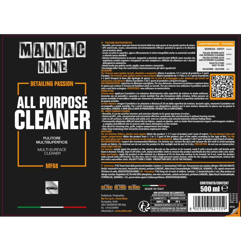 APC All Purpose Cleaner| pulitore multisuperficie per interni ed esterni | Maniac Line 2