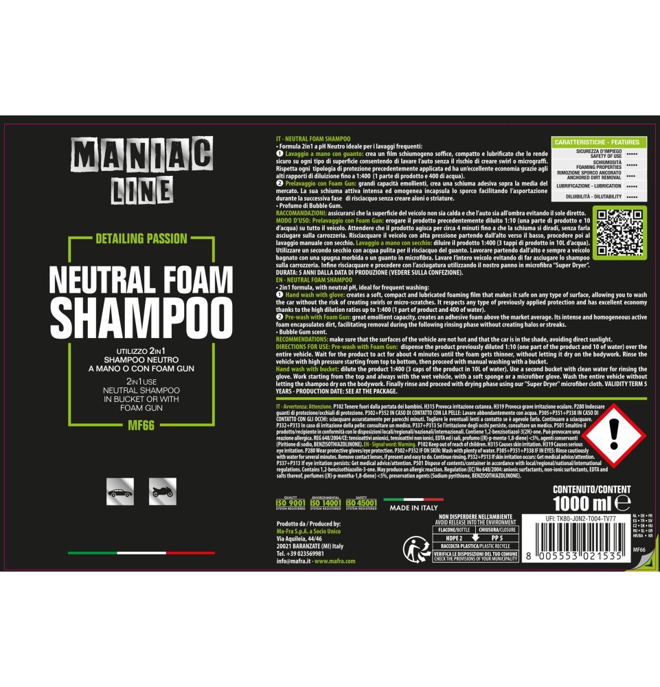 Neutral Foam Shampoo 1000ml Maniac Line| shampoo per auto 2 in 1 2