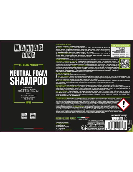 Neutral Foam Shampoo 1000ml Maniac Line| shampoo per auto 2 in 1