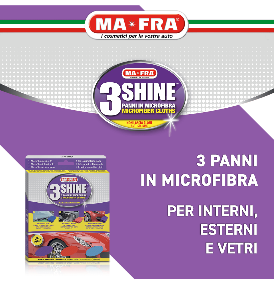 3Shine è un tris di panni specifici per carrozzeria, vetri e plastiche
