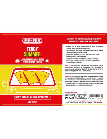 Tergy Summer 250ml | Liquido estivo lavavetri concentrato per vaschette tergicristallo auto | Mafra Shop