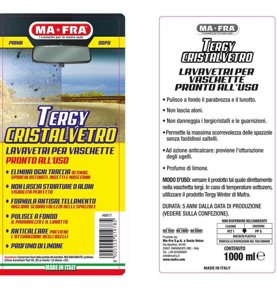 Tergy Cristalvetro 1000ml | Liquido lavavetri per vaschette tergicristallo pronto all'uso | Mafra Shop 2