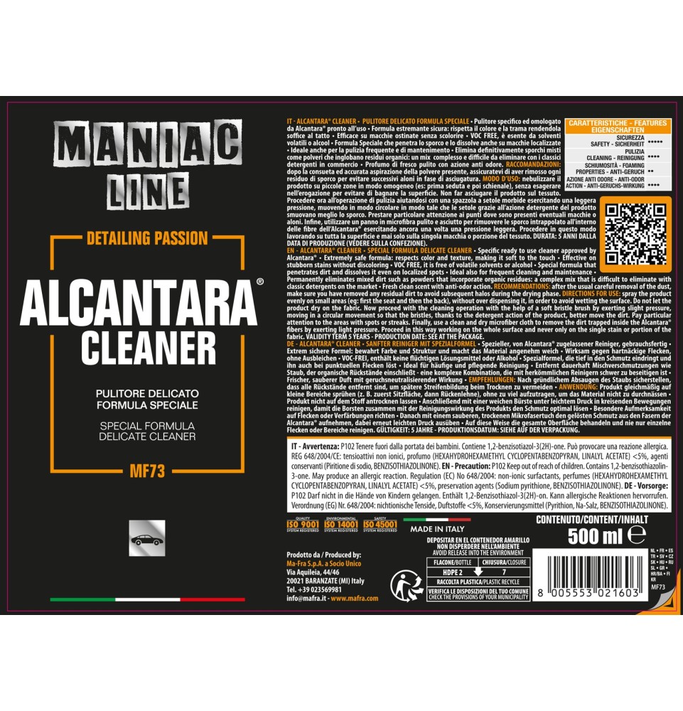 Alcantara® Cleaner 500ml Maniac Line| pulitore specifico per Alcantara 2