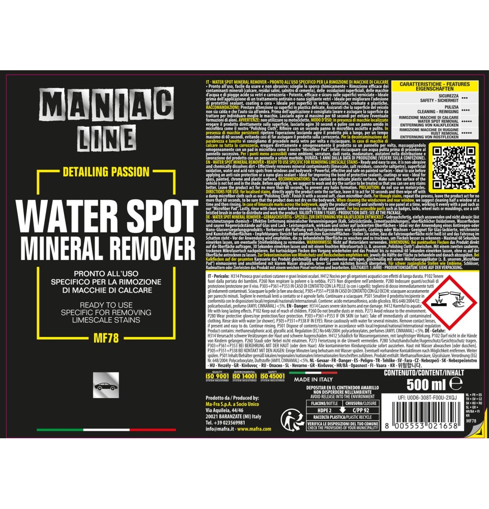 Water Spot Mineral Remover 500ml Maniac Line| decontaminante macchie calcare auto