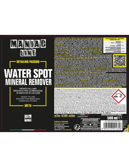 Water Spot Mineral Remover 500ml Maniac Line| decontaminante macchie calcare auto