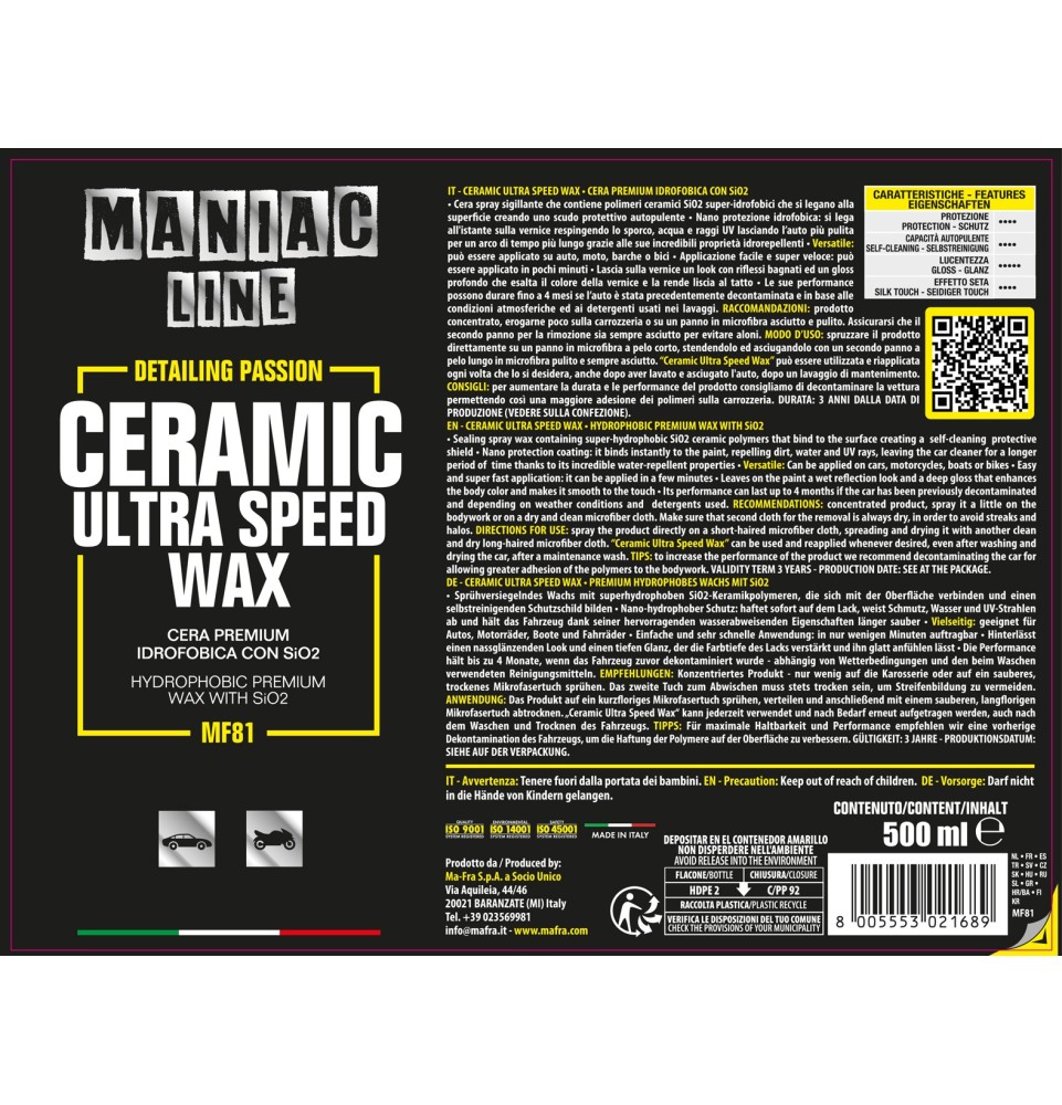 Ceramic Ultra Speed Wax 500ml Maniac Line| cera spray per auto