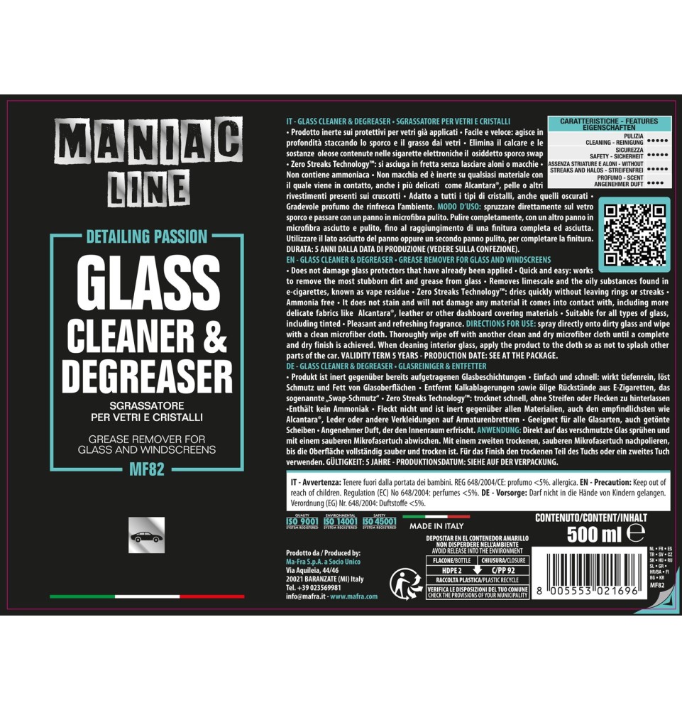 Glass Cleaner & Degreaser| sgrassatore vetri e cristalli | Maniac Line