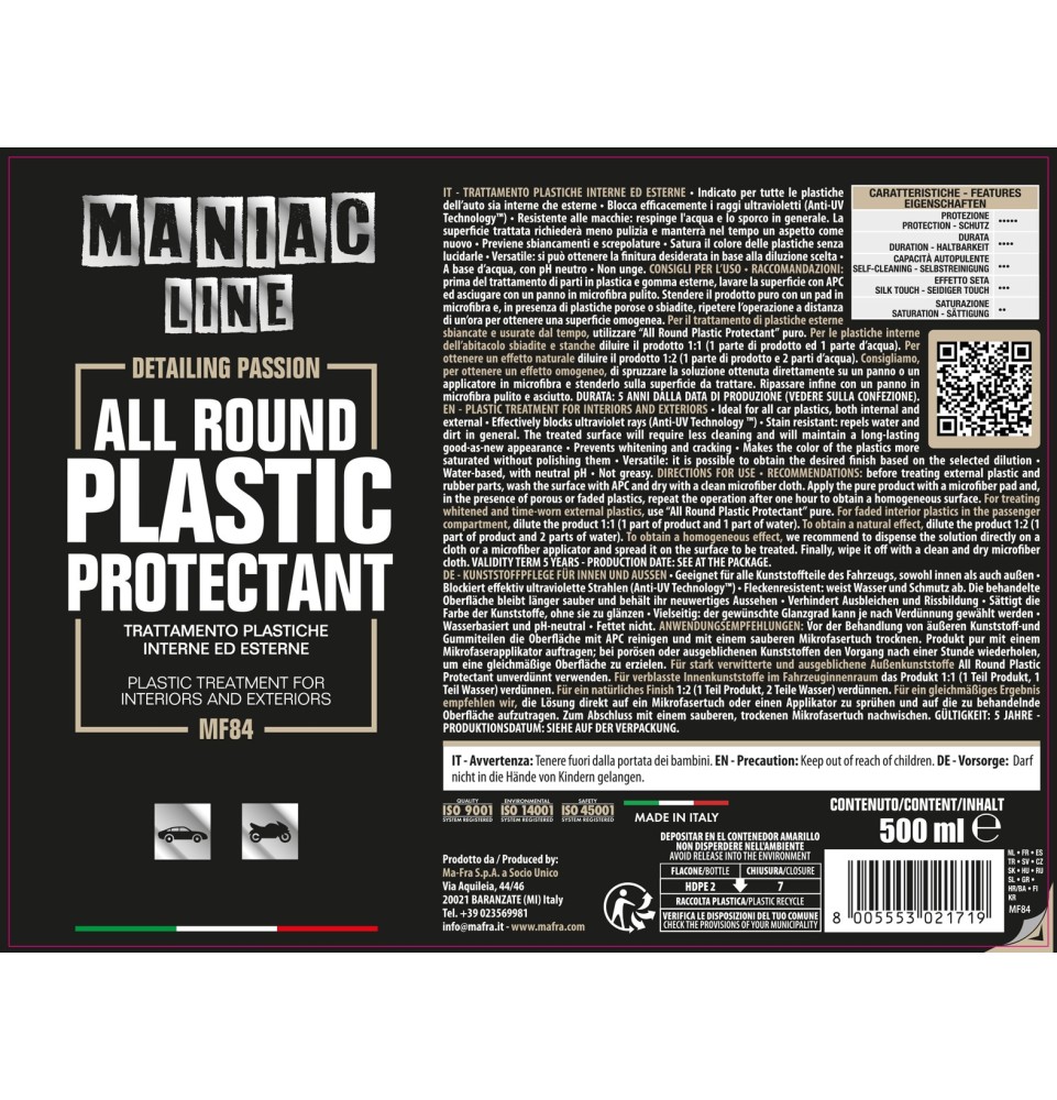 All Round Plastic Protectant 500ml Maniac Line| rinnova plastiche auto 2
