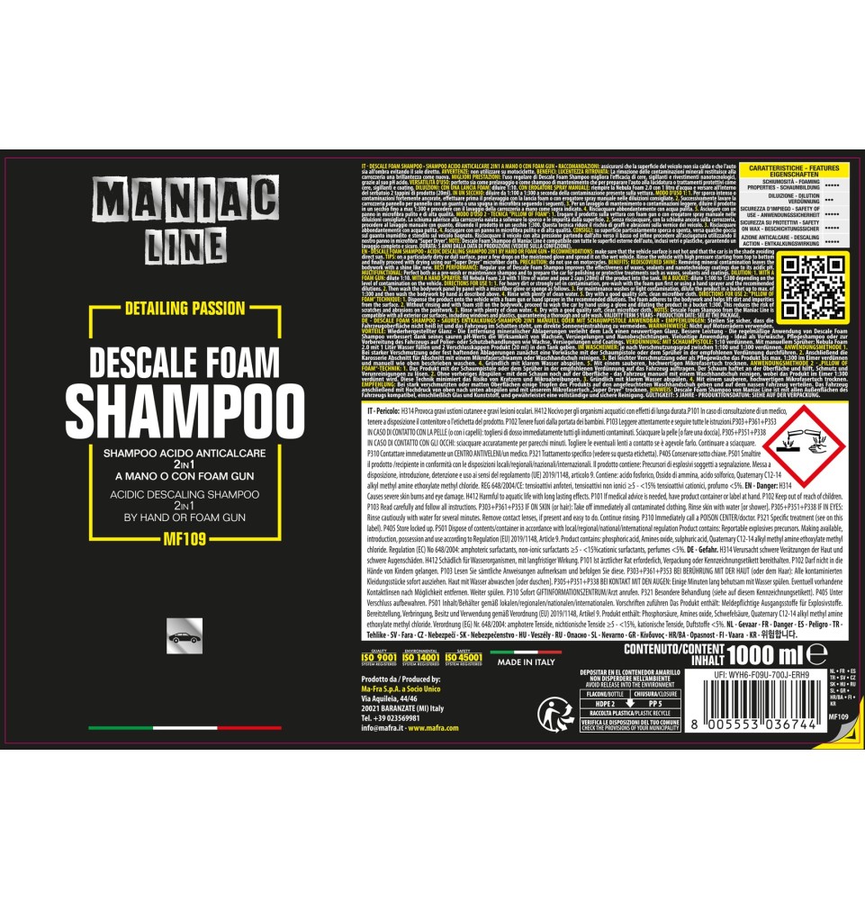 Descale Foam Shampoo, shampoo acido anticalcare 2in1 Maniac Line 2