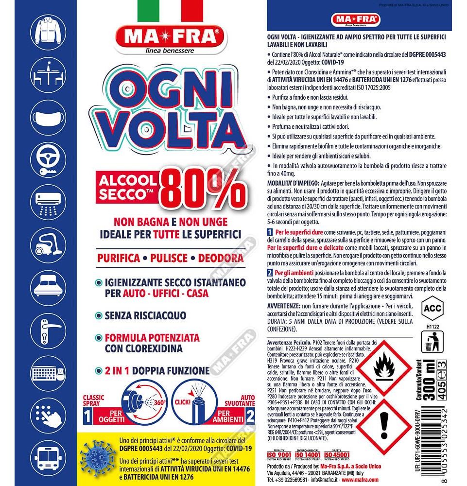 Ogni Volta | Spray Igienizzante Superfici e Ambienti Alcool Secco 80%  | Mafra Shop 2